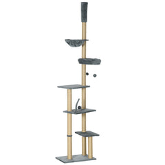 Floor to Ceiling Cat Tree, 90.5" - 98.5" Cat Tower with Scratching Post, Dangling Balls, Platforms, Bed, Hammock, Grey