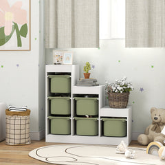 3 Layers Toy Storage Organizer Kids Bookshelf Children Toy Storage w/ 6 Plastic Bins, Green