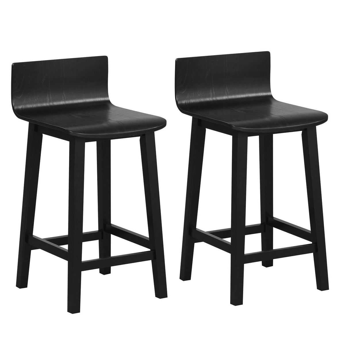 Set of 2 Solid Wood Counter Stools with Low Curved Backs in Black