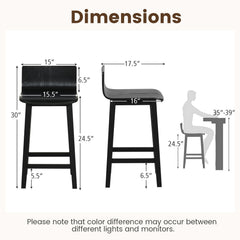 Set of 2 Solid Wood Counter Stools with Low Curved Backs in Black