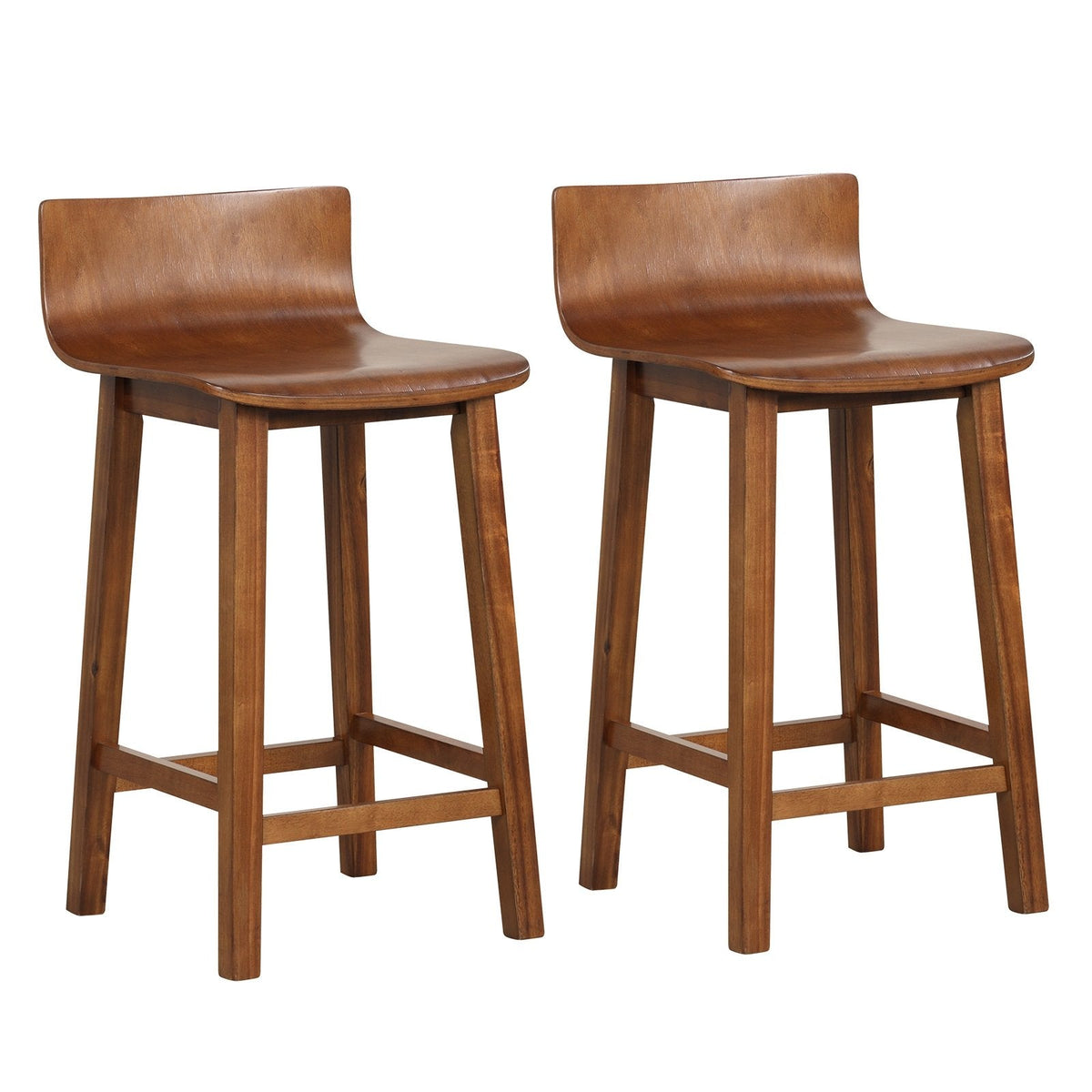 Set of 2 Solid Wood Counter Stools with Low Curved Backs in Walnut