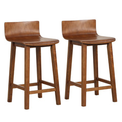 Set of 2 Solid Wood Counter Stools with Low Curved Backs in Walnut