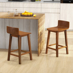 Set of 2 Solid Wood Counter Stools with Low Curved Backs in Walnut