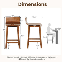 Set of 2 Solid Wood Counter Stools with Low Curved Backs in Walnut