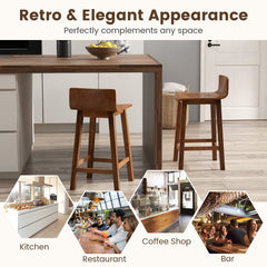 Set of 2 Solid Wood Counter Stools with Low Curved Backs in Walnut