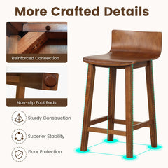 Set of 2 Solid Wood Counter Stools with Low Curved Backs in Walnut