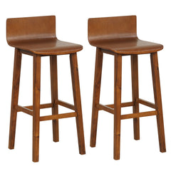 Set of 2 Solid Wood Bar Stools with Low Back and Acacia Legs, Walnut, 29 Inch Seat Height