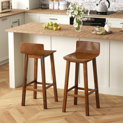 Set of 2 Solid Wood Bar Stools with Low Back and Acacia Legs, Walnut, 29 Inch Seat Height