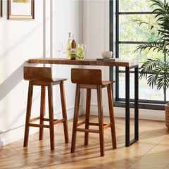 Set of 2 Solid Wood Bar Stools with Low Back and Acacia Legs, Walnut, 29 Inch Seat Height