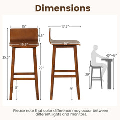 Set of 2 Solid Wood Bar Stools with Low Back and Acacia Legs, Walnut, 29 Inch Seat Height