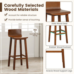 Set of 2 Solid Wood Bar Stools with Low Back and Acacia Legs, Walnut, 29 Inch Seat Height