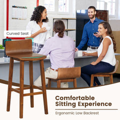 Set of 2 Solid Wood Bar Stools with Low Back and Acacia Legs, Walnut, 29 Inch Seat Height