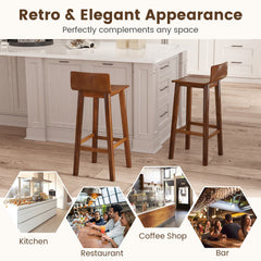 Set of 2 Solid Wood Bar Stools with Low Back and Acacia Legs, Walnut, 29 Inch Seat Height