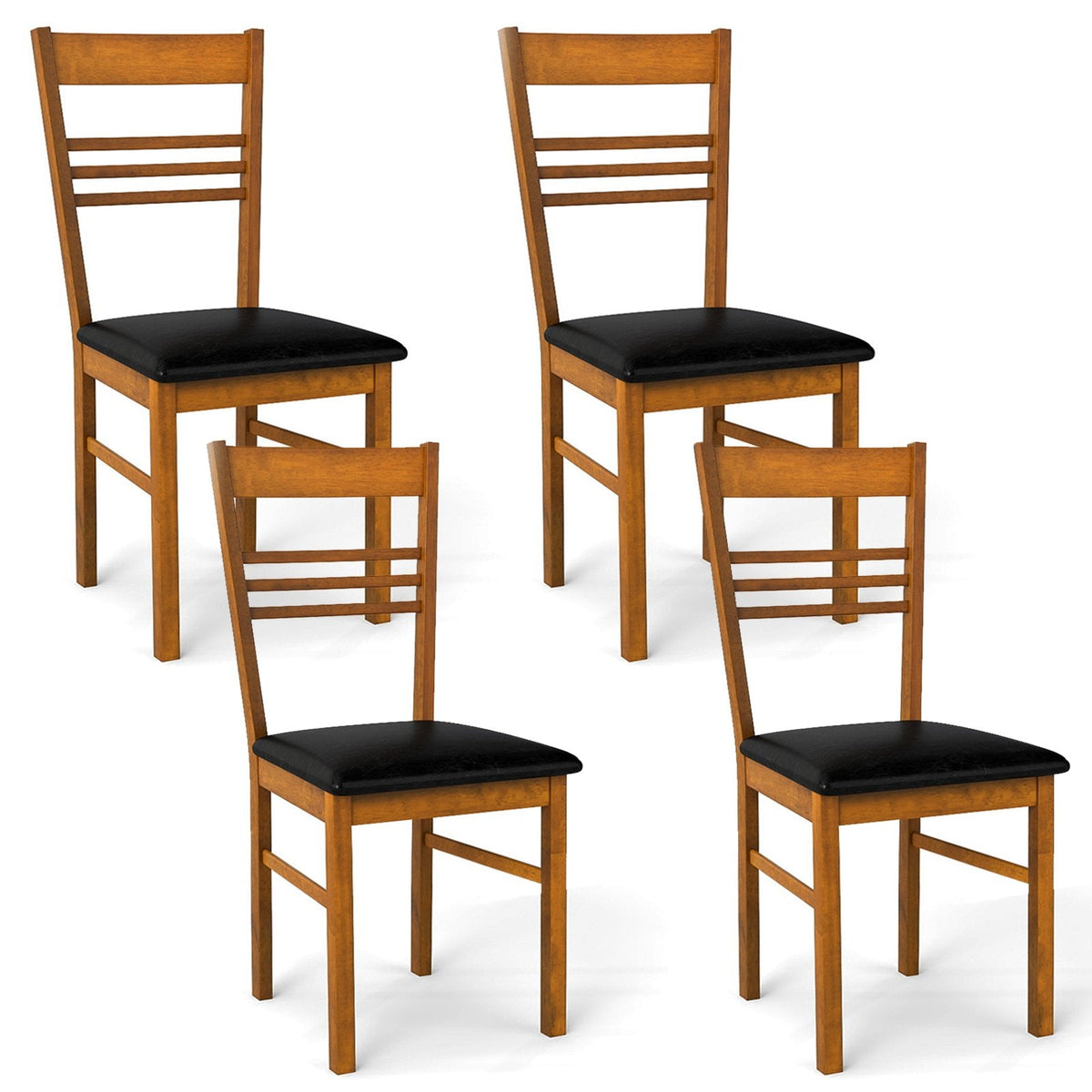 Set of 4 Ladder Back Dining Chairs with PU Leather Seat, Walnut Rubber Wood