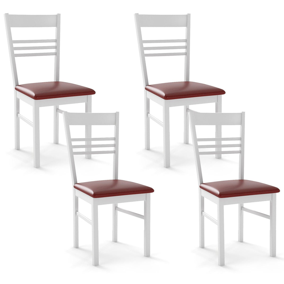 Set of 4 Ladder Back Dining Chairs with PU Leather Seat, White Rubber Wood