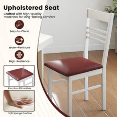 Set of 4 Ladder Back Dining Chairs with PU Leather Seat, White Rubber Wood