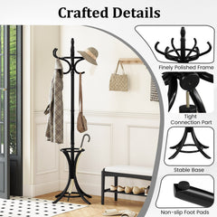Wood Standing Hat Coat Rack with Umbrella Stand-Black