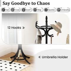 Wood Standing Hat Coat Rack with Umbrella Stand-Black