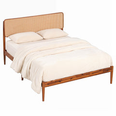 Full Acacia Wood Platform Bed with Boho Rattan Headboard and 12 Plywood Slats