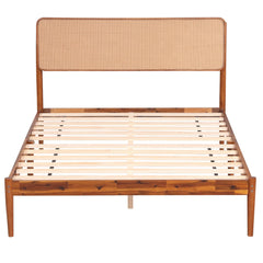 Full Acacia Wood Platform Bed with Boho Rattan Headboard and 12 Plywood Slats