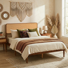 Full Acacia Wood Platform Bed with Boho Rattan Headboard and 12 Plywood Slats