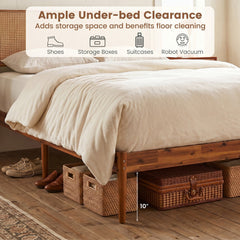 Full Acacia Wood Platform Bed with Boho Rattan Headboard and 12 Plywood Slats