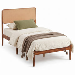 Twin Acacia Wood Platform Bed with Boho Rattan Headboard and 12 Plywood Slats