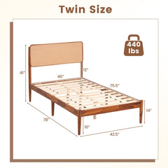 Twin Acacia Wood Platform Bed with Boho Rattan Headboard and 12 Plywood Slats