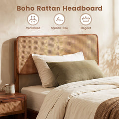 Twin Acacia Wood Platform Bed with Boho Rattan Headboard and 12 Plywood Slats