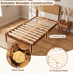 Twin Acacia Wood Platform Bed with Boho Rattan Headboard and 12 Plywood Slats