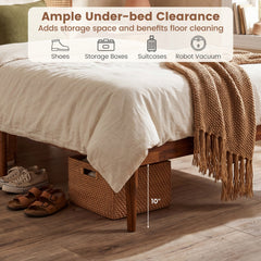 Twin Acacia Wood Platform Bed with Boho Rattan Headboard and 12 Plywood Slats