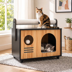 Wooden Cat House with Scratching Post-Black