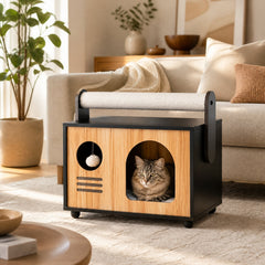 Wooden Cat House with Scratching Post-Black