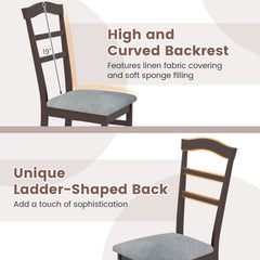 Set of 2 Ladder Back Dining Chairs with Linen Seat, Coffee Rubber Wood