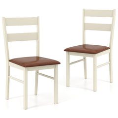 Set of 2 Two Rail Back Dining Chairs, Cream White Wood with Brown PU Seat