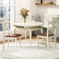 Set of 2 Two Rail Back Dining Chairs, Cream White Wood with Brown PU Seat