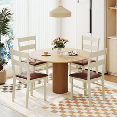 Set of 2 Two Rail Back Dining Chairs, Cream White Wood with Brown PU Seat