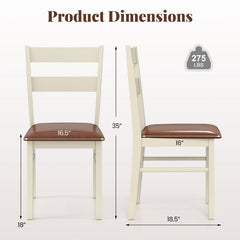 Set of 2 Two Rail Back Dining Chairs, Cream White Wood with Brown PU Seat