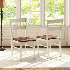 Set of 2 Two Rail Back Dining Chairs, Cream White Wood with Brown PU Seat