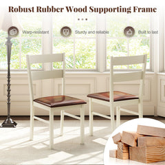Set of 2 Two Rail Back Dining Chairs, Cream White Wood with Brown PU Seat