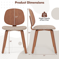 Set of 2 Bentwood Dining Chairs with Curved Back and Chenille Seat, Walnut