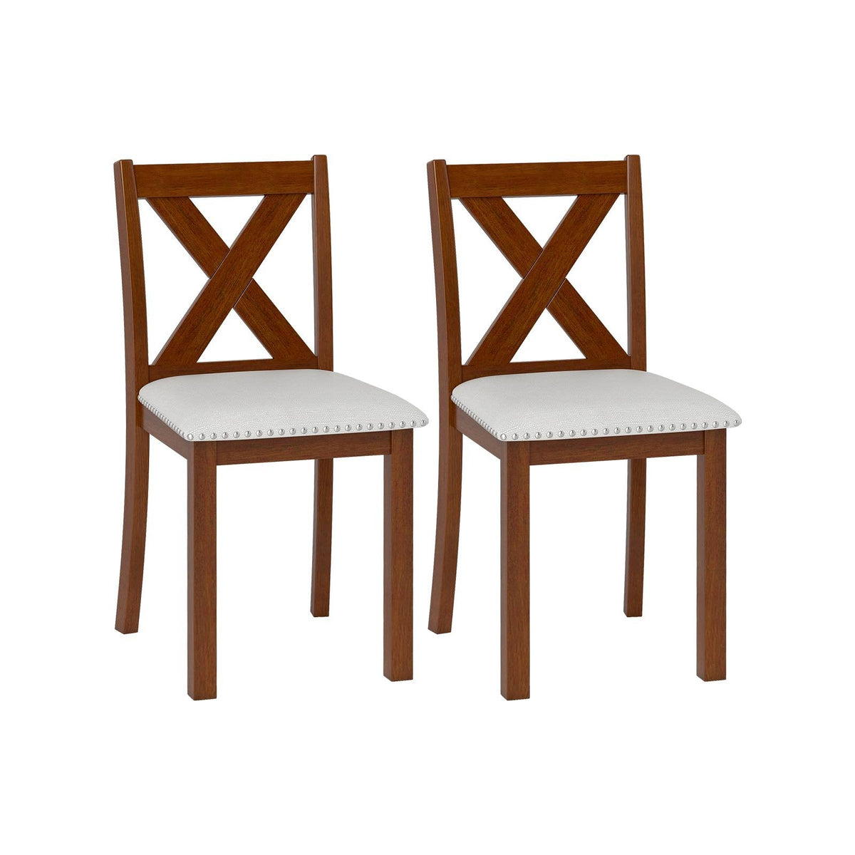 Set of 2 X Back Dining Chairs with Nailhead Trim, Acacia Wood and Beige Linen
