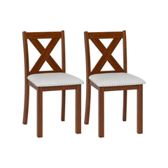 Set of 2 X Back Dining Chairs with Nailhead Trim, Acacia Wood and Beige Linen