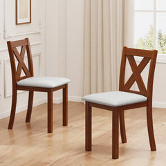 Set of 2 X Back Dining Chairs with Nailhead Trim, Acacia Wood and Beige Linen