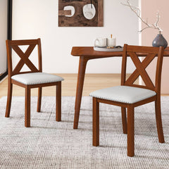 Set of 2 X Back Dining Chairs with Nailhead Trim, Acacia Wood and Beige Linen