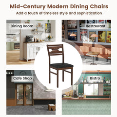 Set of 2 Dining Chairs with Cut Out Back and Black PU Seat, Walnut Rubber Wood