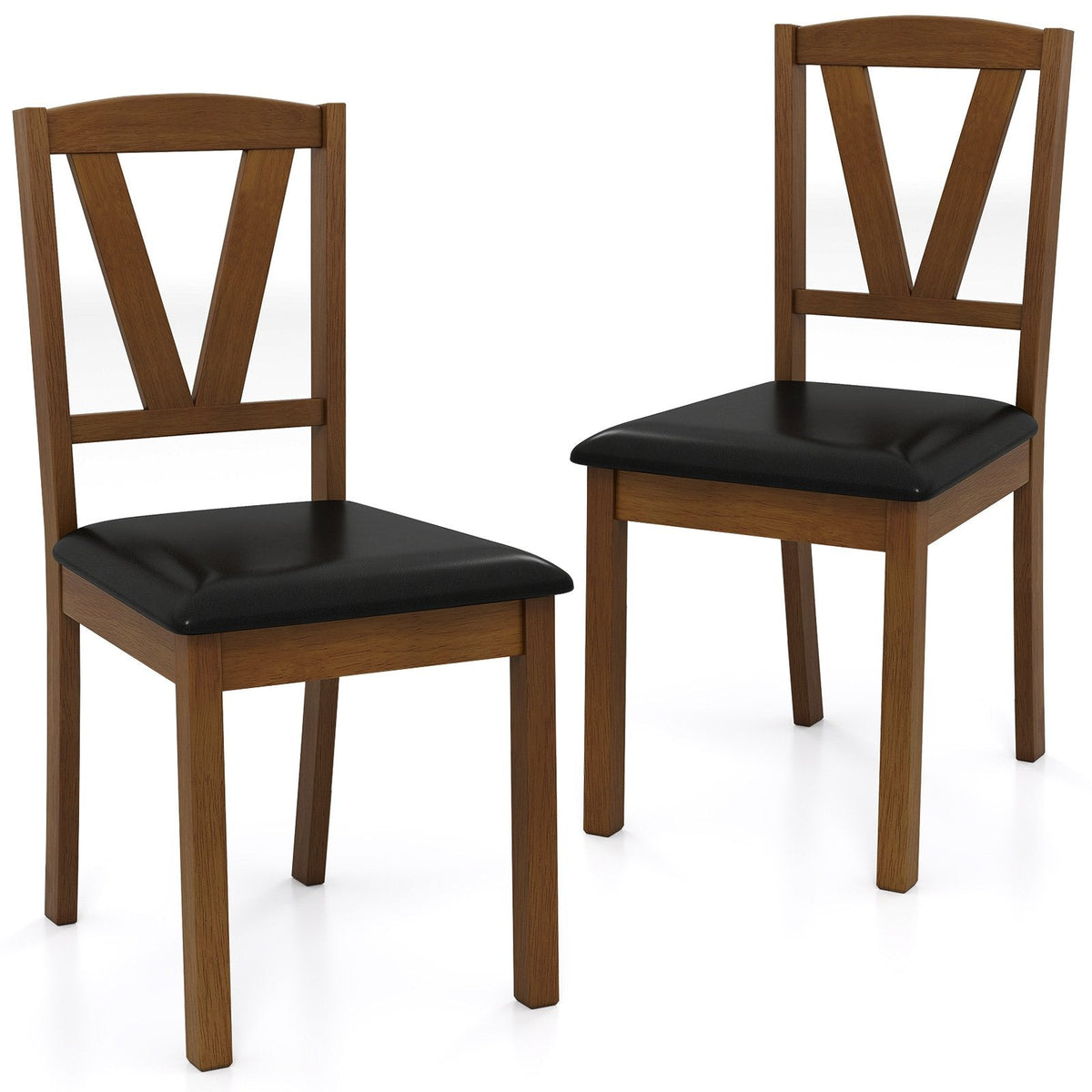 Set of 2 V Back Dining Chairs with Black PU Seat, Walnut Rubber Wood