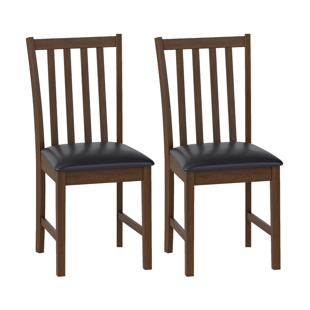 Set of 2 Slat Back Dining Chairs with PVC Leather Seat, Brown Rubber Wood