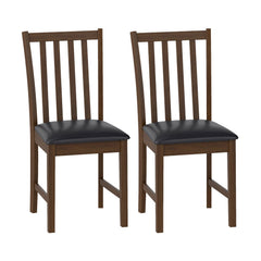 Set of 2 Slat Back Dining Chairs with PVC Leather Seat, Brown Rubber Wood