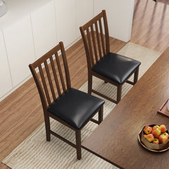 Set of 2 Slat Back Dining Chairs with PVC Leather Seat, Brown Rubber Wood